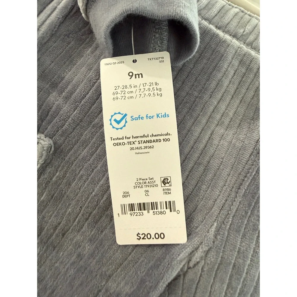 Carters Just One You Baby Boys Grey Ribbed Velour Hoodie and Pants Set 9M New